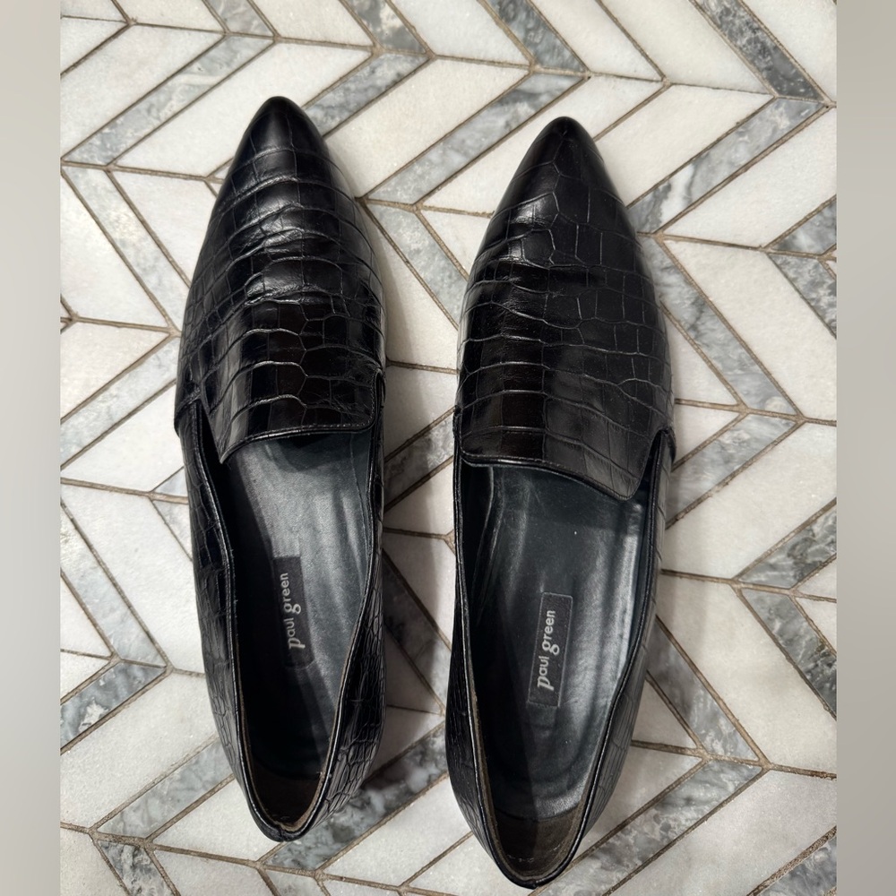 Paul Green | Crocodile Embossed Pointed Toe Loafers. Black UK sz 6.5/ US 8.5